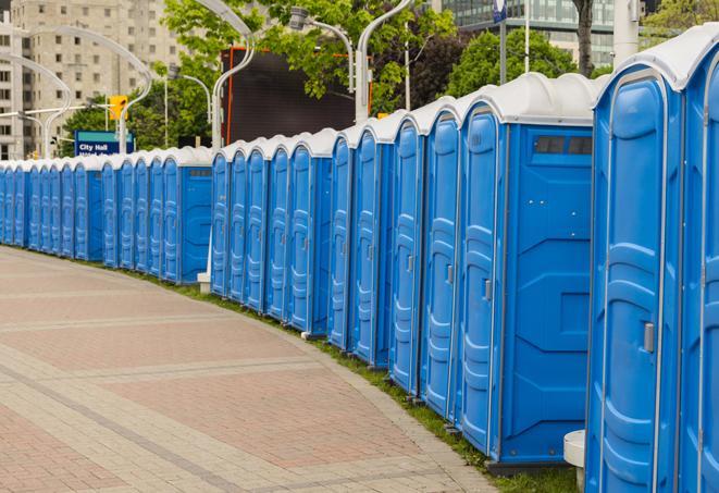 a row of portable restrooms at a fairground, offering visitors a clean and hassle-free experience in El Dorado Hills